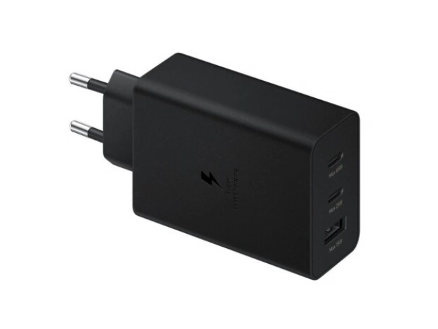 Cargador Samsung original triple puerto de 65W (modelo EP-T6530), con dos puertos USB-C PD (uno hasta 65W, otro hasta 25W con PPS) y un puerto USB-A (15W). Carga súper rápida. Avlis Uruguay.