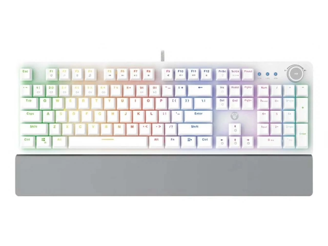 Teclado Fantech MK-853 v2 Space Edition integrado en un setup gamer, destacando su diseño cósmico y la atmósfera creada por su iluminación RGB. Comprá en Avlis Uruguay. 