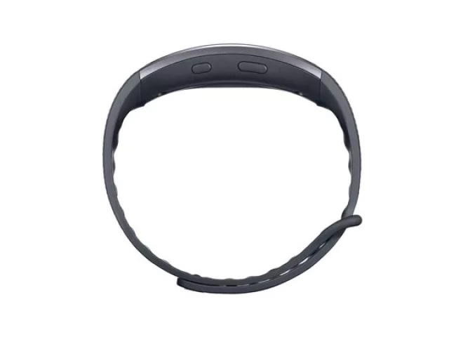 Perfil lateral del reloj inteligente Samsung Gear Fit 2 en color negro, mostrando su diseño ergonómico.