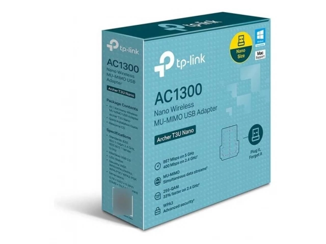 Adaptador TP-Link Archer T3U Nano AC1300 ofreciendo altas velocidades Wi-Fi en bandas de 5GHz (867Mbps) y 2.4GHz (400Mbps) para streaming HD y gaming online. Avlis.