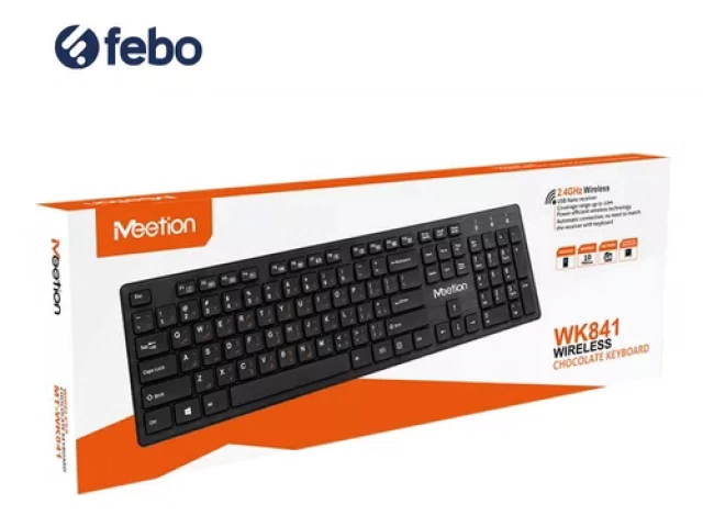 Vista frontal del teclado inalámbrico Meetion WK841 en color blanco, diseño ergonómico y teclas silenciosas Vista frontal del teclado inalámbrico Meetion WK841 en color blanco, diseño ergonómico y teclas silenciosas