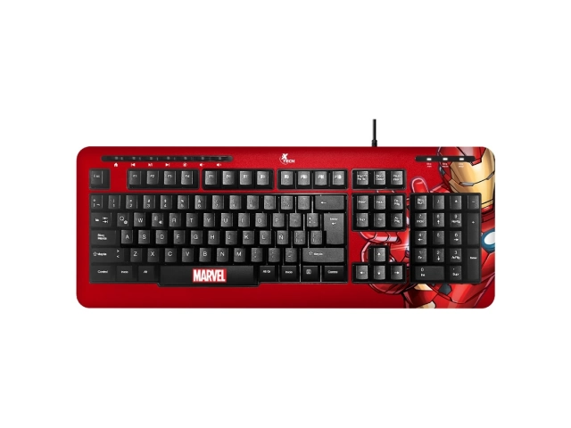 Vista frontal del teclado Xtech edición Iron Man con diseño en rojo y dorado.