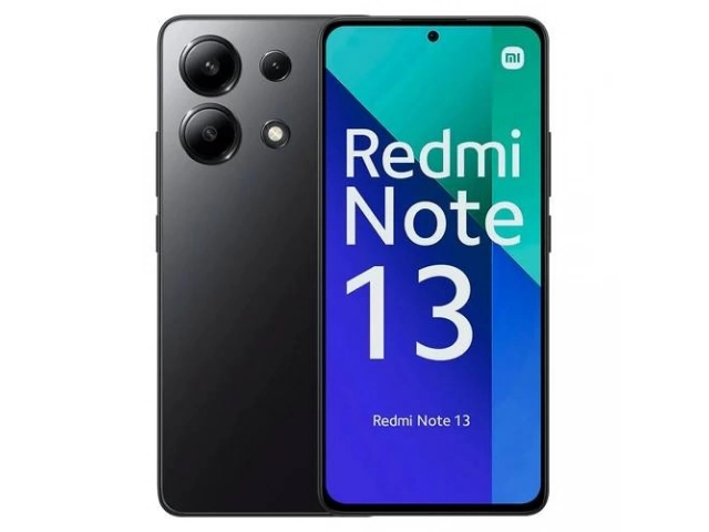 Vista frontal del Xiaomi Redmi 13 4G en color negro, destacando su pantalla y diseño elegante, disponible en Uruguay.