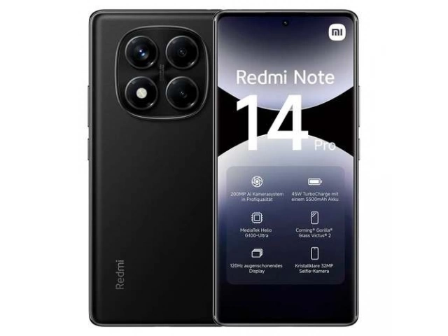 Smartphone Xiaomi Redmi Note 14 Pro 5G color Negro con 8GB RAM y 256GB, cámara 200MP y conectividad 5G, disponible en Avlis Uruguay