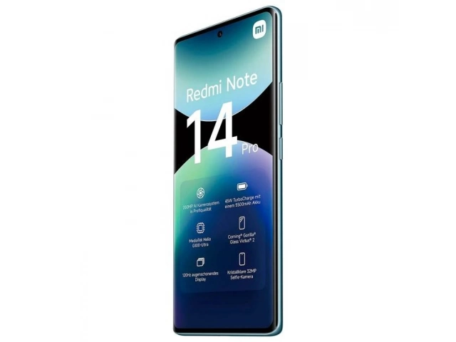 Vista frontal del Xiaomi Redmi Note 14 Pro  5G en color azul, mostrando su pantalla AMOLED de 6.67 pulgadas