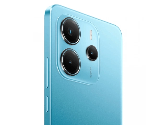 Cámara frontal de 20MP del Xiaomi Redmi Note 14 en azul, perfecta para selfies nítidas.