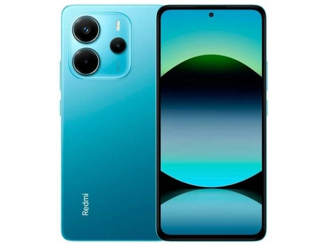 Parte trasera del Xiaomi Redmi Note 14 azul destacando su diseño elegante y cámara de 108MP.